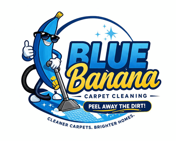 Blue Banana mascot with sunglasses and cleaning wand